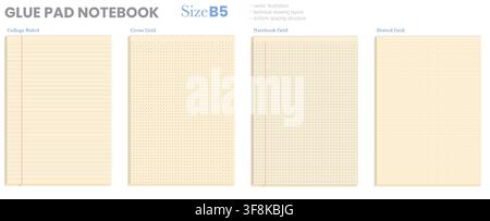 Set of four B5 ivory glue pad sheets presenting college ruling, cross marks, graph squares plus dotted points, red margins. For printable stationery collections, school pages or planner inserts Stock Vector