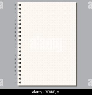Ivory dotted grid notebook page shows fine ruling, side wire binding, and upright portrait format on light gray background. Suitable for schoolwork, planning, stationery layouts, notes and Stock Vector