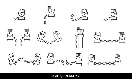 Vector line icon set of raised fists in handcuffs and broken chains. Human rights, freedom, protest, liberty, justice, and liberation concept vector e Stock Vector