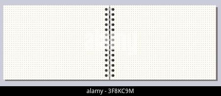 Ivory cross grid notebook page shows fine crosshatched squares, side wire binding, and wide landscape format on white background. Suitable for schoolwork, planning, stationery layouts, notes and Stock Vector