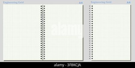 Pale Green engineering grid notebook page shows fine squared ruling, black wire binding, and upright horizontal formats on white background. Suitable for schoolwork, planning, stationery layouts, Stock Vector