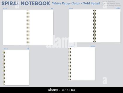 White blank notebook page shows unruled surface, black wire binding, and varied formats on light gray background. Suitable for schoolwork, planning, stationery layouts, notes and printable worksheets Stock Vector