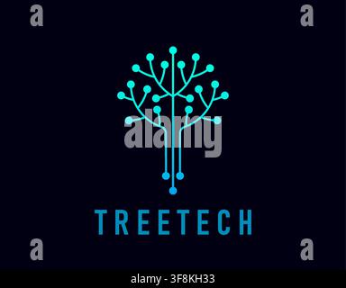 Futuristic tree tech icon with digital circuit board tree shape, glowing cyan to blue gradient branches and round node dots on dark navy background. S Stock Vector