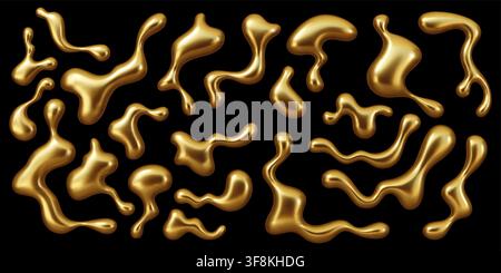 Golden drops, metal blobs and liquid gold shapes flowing on black background. Vector 3d liquid metal golden bubbles and balls with glossy surface. Rea Stock Vector