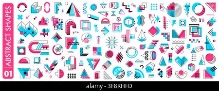 Graphic design elements and memphis shapes. Minimalistic geometric shapes, Memphis blue and red colors forms. Graphic design elements big set with red Stock Vector