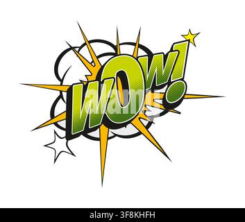 Wow comic sound effect speech bubble label. Expression speech cloud pop art sticker, exclamation splash vector label. Comic sound bubble halftone effe Stock Vector