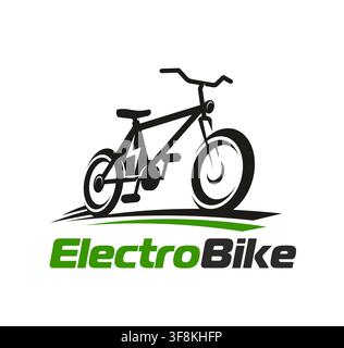 Electrobike icon, electric bicycle emblem or symbol. Ecological electro transport charging station sign, battery service graphic icon. Electrobike sho Stock Vector