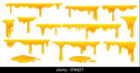 Sweet melt and drip honey syrup, liquid yellow dessert or oil borders set, vector food. Liquid yellow honey, oil or sugar syrup, butter sauce, caramel Stock Vector