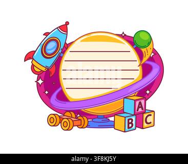 Kids memo note frame with kindergarten toys. Planner to do list vector memo note, kids diary sticker. Child schedule label with space rocket and galax Stock Vector