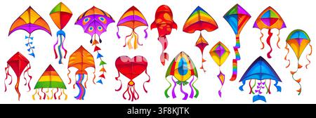 Festival cartoon paper triangle, diamond, fish, space rocket, butterfly and heart vector kites with long flowing tails and ribbons. Cultural festival, Stock Vector