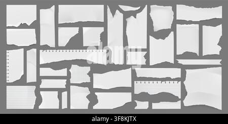 Rip and split paper sheets with torn edges texture, vector scrapbooking and stationery. 3d torn pieces of white paper sheets, ripped edges of tear off Stock Vector