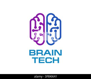 Brain hub tech icon featuring human brain with circuit board patterns split into purple and blue halves with dot connectors. Vibrant emblem with bold Stock Vector
