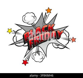 Black friday sale comic sound effect speech bubble symbol. Price off comic splash, discount speech bubble halftone vector effect. Sale balloon retro s Stock Vector