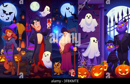 Halloween holiday cartoon characters collage. Vampire with wineglass, sorcerer casting spell and young witch, flying ghosts, devils kid and father on Stock Vector