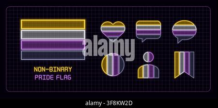 Non-binary pride flag icon set, neon glow visuals. Pride month flag, gender identity and expression theme. Stock Vector