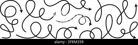 Arrow vector line set. Curved shape doodle brush element arow. Squiggly scribble direction up down abstract pointer. Change plan abstract stroke Stock Vector