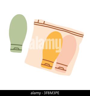 Travel toiletries in liquid pouch vector illustration. Great for cosmetic bottle, airport security rules, packing essentials, and travel gear graphics Stock Vector