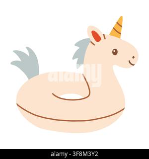 Cute inflatable unicorn swim ring floatie vector illustration. Summer pool float water toy isolated on white background Stock Vector
