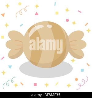 Cute pastel brown striped wrapped candy vector illustration. Minimalist glossy sweet with confetti, stars, and a soft shadow in kawaii style. Perfect Stock Vector