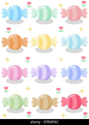 Cute collection of 12 pastel striped candy vector icons. Minimalist glossy sweets with pink tulip flowers, stars, and soft shadows in a 3x4 grid. Perf Stock Vector