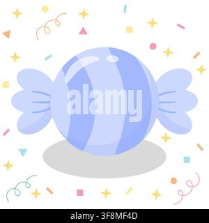 Cute pastel periwinkle striped wrapped candy vector icon. Minimalist glossy sweet with confetti, stars, and a soft shadow in kawaii style. Perfect for Stock Vector