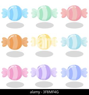 Cute collection of 9 pastel striped wrapped candy vector icons. Minimalist glossy sweets with soft shadows in a balanced 3x3 grid. Perfect for sticker Stock Vector