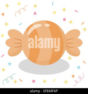 Cute pastel orange striped wrapped candy vector illustration. Minimalist glossy sweet with confetti, stars, and a soft shadow in kawaii style. Perfect Stock Vector