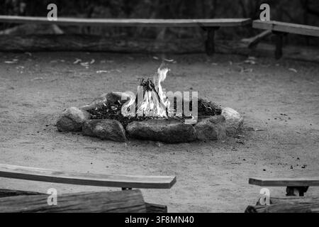 flame fire pit in ring stones fire leaping in ring of plank seats in bush setting queensland australia b and w landscape image horizonal image Stock Photo