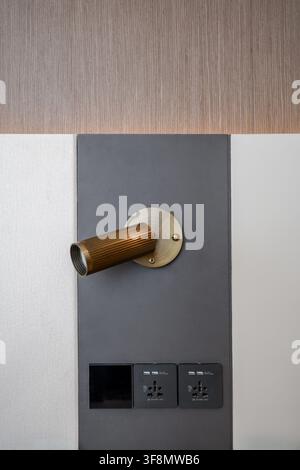 Brass reading spotlight wall lamp above universal electrical outlets on modern headboard panel. Stock Photo