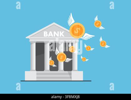 A flat design illustration of a classic bank building with several winged gold dollar coins flying away into the air. Stock Vector