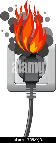 An illustration of an electrical plug and socket catching fire with dark smoke, perfect for safety campaigns. Stock Vector