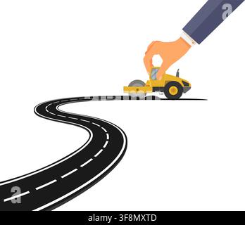 A hand in a business suit rolls a toy road roller machine, paving a smooth, winding asphalt road on a white background. Stock Vector