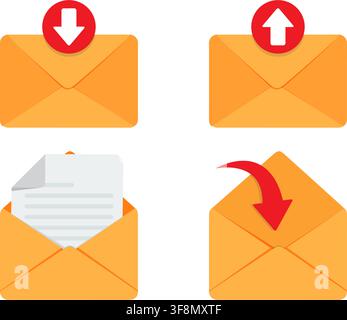 A collection of four flat orange envelope icons representing inbox, outbox, read message, and forwarded email actions. Stock Vector