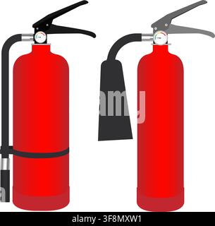 An illustration of two different red fire extinguishers featuring a standard hose nozzle and a wide carbon dioxide horn. Stock Vector