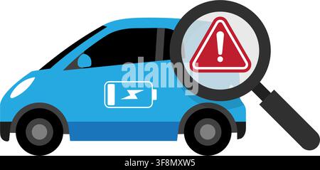 Vector illustration of a blue electric car with a low battery charging icon and a magnifying glass showing a red warning sign. Stock Vector