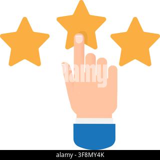 A flat vector illustration of a hand pointing at a yellow star, symbolizing customer review, feedback, and rating. Stock illustration. Stock Vector