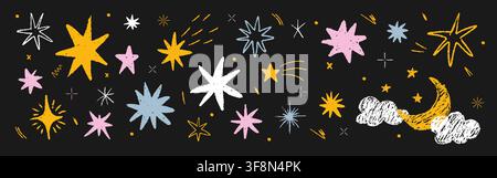 Crayon star icon set. Bright star stickers and firecracker bursts shine. Vector illustrations with grunge textures. Doodle sparkle elements in kids Stock Vector