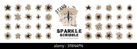 Crayon star icon set. Abstract star and comet illustrations. Chalk and wax sparkle set. Cut out vector doodles. Scrapbook collage sticker set Stock Vector