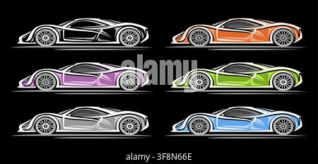 Vector Supercars Set, horizontal automotive banner with six cut out exotic rear-engine contour super cars from future, multicolored artwork clipart of Stock Vector