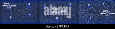 Set of blue night city maps displaying service ratings and dotted delivery routes with destination markers for mobile app screens. Vector illustration Stock Vector