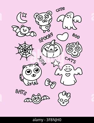 Cute spooky pastel goth Halloween doodle vector elements. Creative creepy kawaii hand drawn sticker sheet outline collection. Minimalist graphic flash Stock Vector