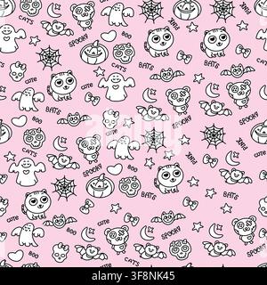 Cute Halloween seamless pattern backdrop on pink background. Creative pastel goth aesthetic spooky wallpaper. Minimalist creepy kawaii doodle textile Stock Photo