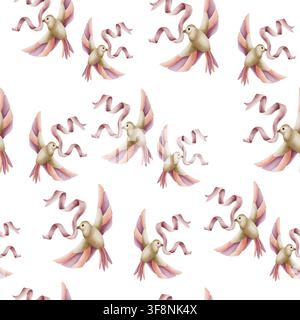 French garden seamless pattern with delicate birds and flowing ribbons, hand painted in elegant watercolor style. Perfect for fabric, wallpaper, stati Stock Photo