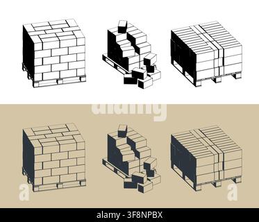 Building materials on wooden pallets set, stylized black and white vector illustrations Stock Vector