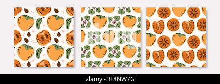 Orange Persimmon Seamless Pattern Collection with Blossoms Stock Vector
