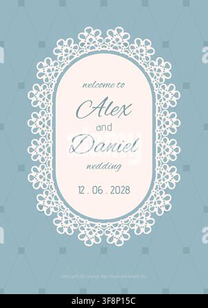 Oval wedding frame with scalloped edges on embroidery theme. Stock Vector