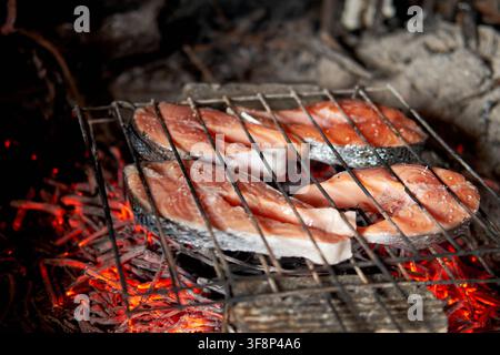 Salmon steaks cooking on a metall grid over glowing red coals Stock Photo