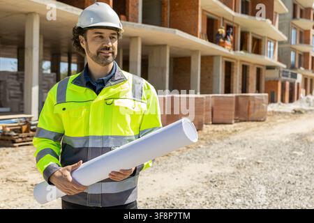 Positive male contractor holding rolled drawing looking aside Stock Photo