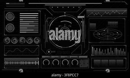 Realistic spaceship control dashboard UI with holographic tech frames, military targeting system, futuristic HUD interface elements on black background, vector illustration of game panel design Stock Vector