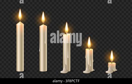 Realistic set of melting burning candles isolated on transparent background. Vector illustration of lit candlelight with flame and melted wax drips, 3D memorial, church or Halloween decoration designs Stock Vector